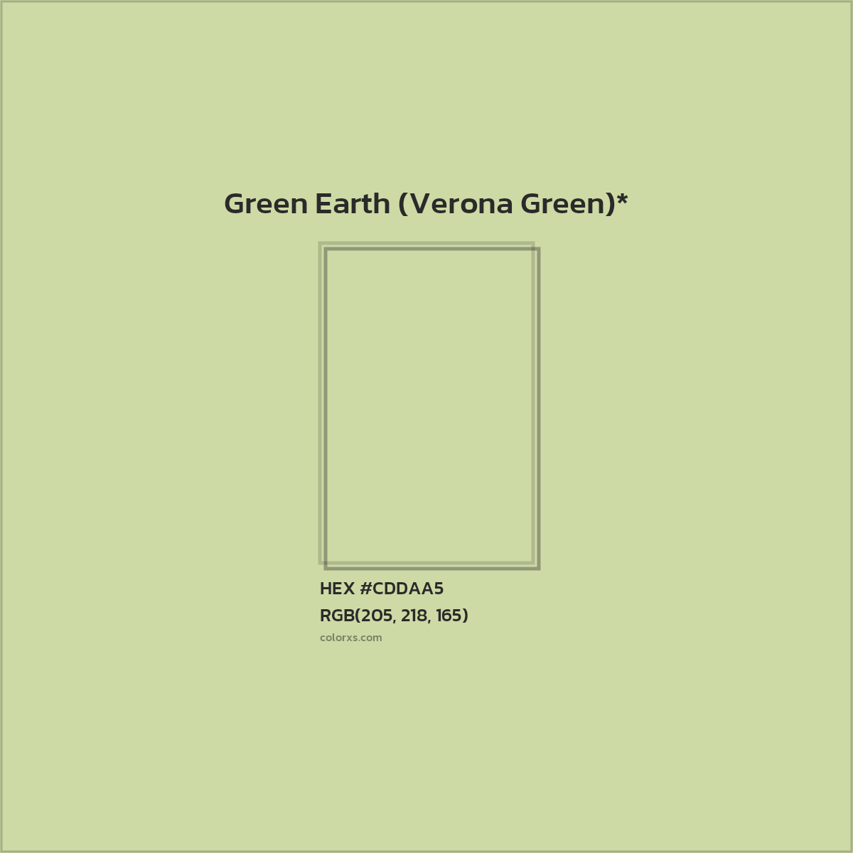#CDDAA5 hex color. RGB, RYB, CMYK, HSL, HSV codes and color conversions. Matching color names, palettes, paints.