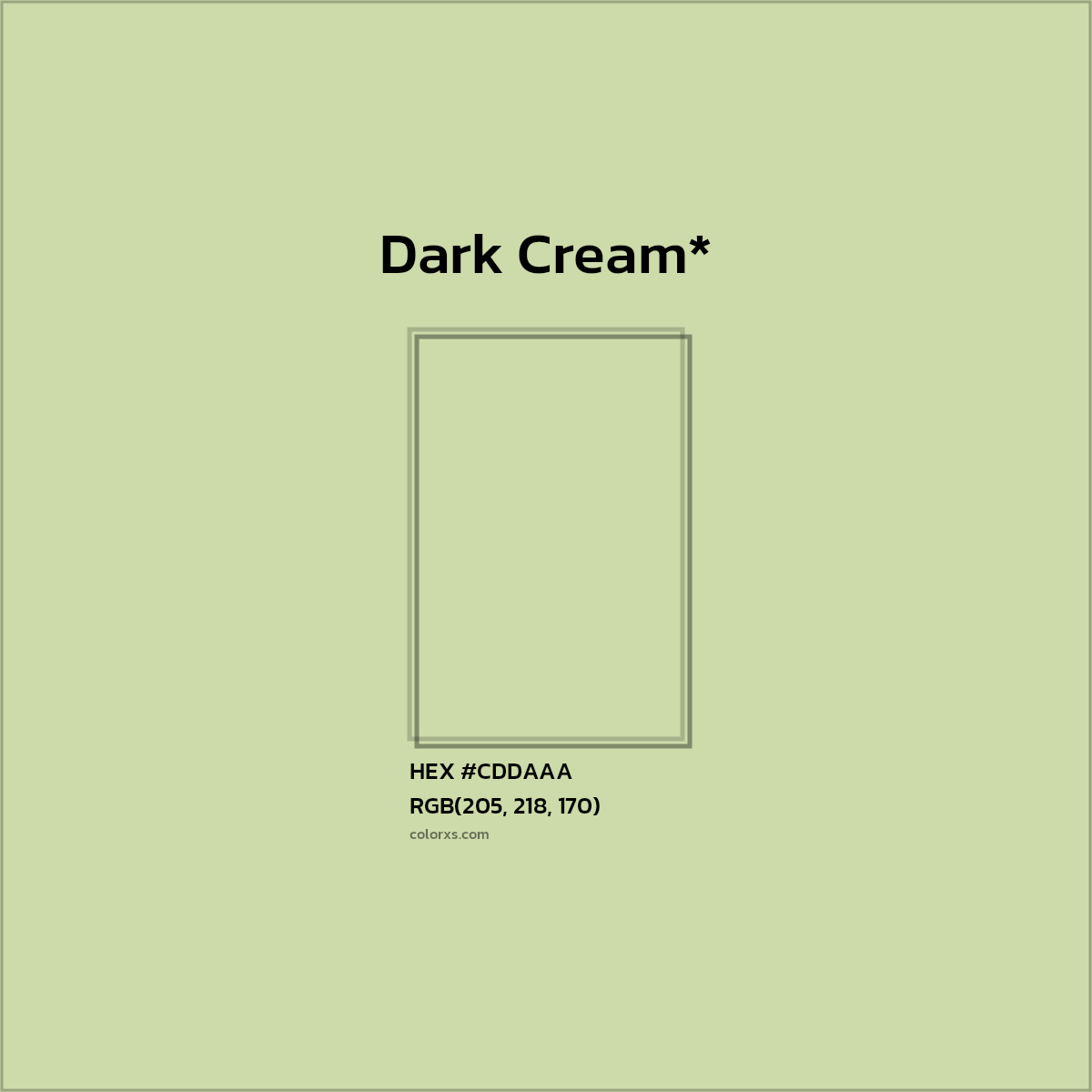 #CDDAAA hex color. RGB, RYB, CMYK, HSL, HSV codes and color conversions. Matching color names, palettes, paints.