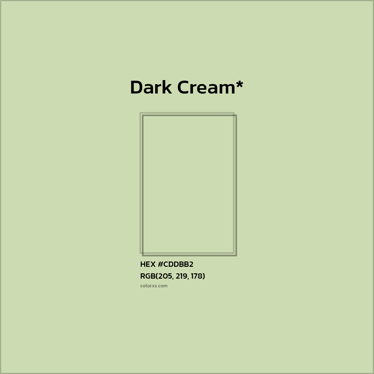 #CDDBB2 hex color. RGB, RYB, CMYK, HSL, HSV codes and color conversions. Matching color names, palettes, paints.
