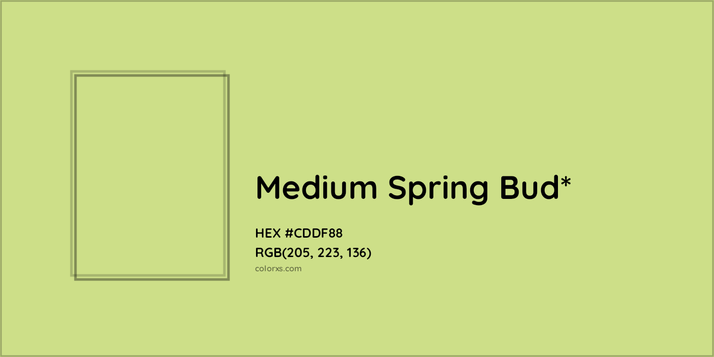 #CDDF88 hex color. RGB, RYB, CMYK, HSL, HSV codes and color conversions. Matching color names, palettes, paints.