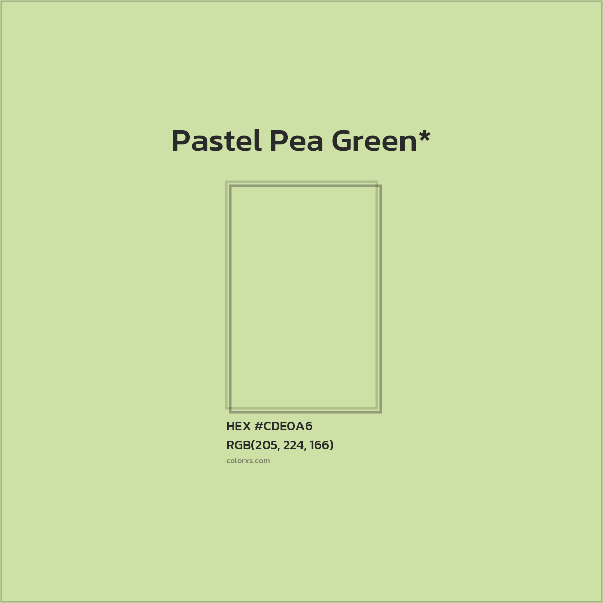 #CDE0A6 hex color. RGB, RYB, CMYK, HSL, HSV codes and color conversions. Matching color names, palettes, paints.