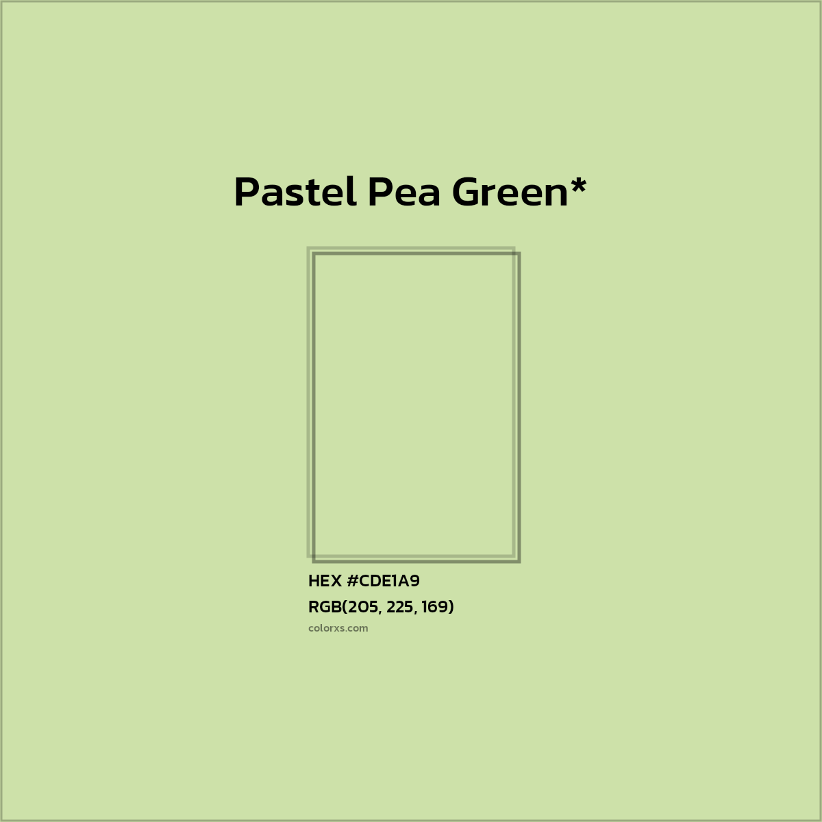 #CDE1A9 hex color. RGB, RYB, CMYK, HSL, HSV codes and color conversions. Matching color names, palettes, paints.
