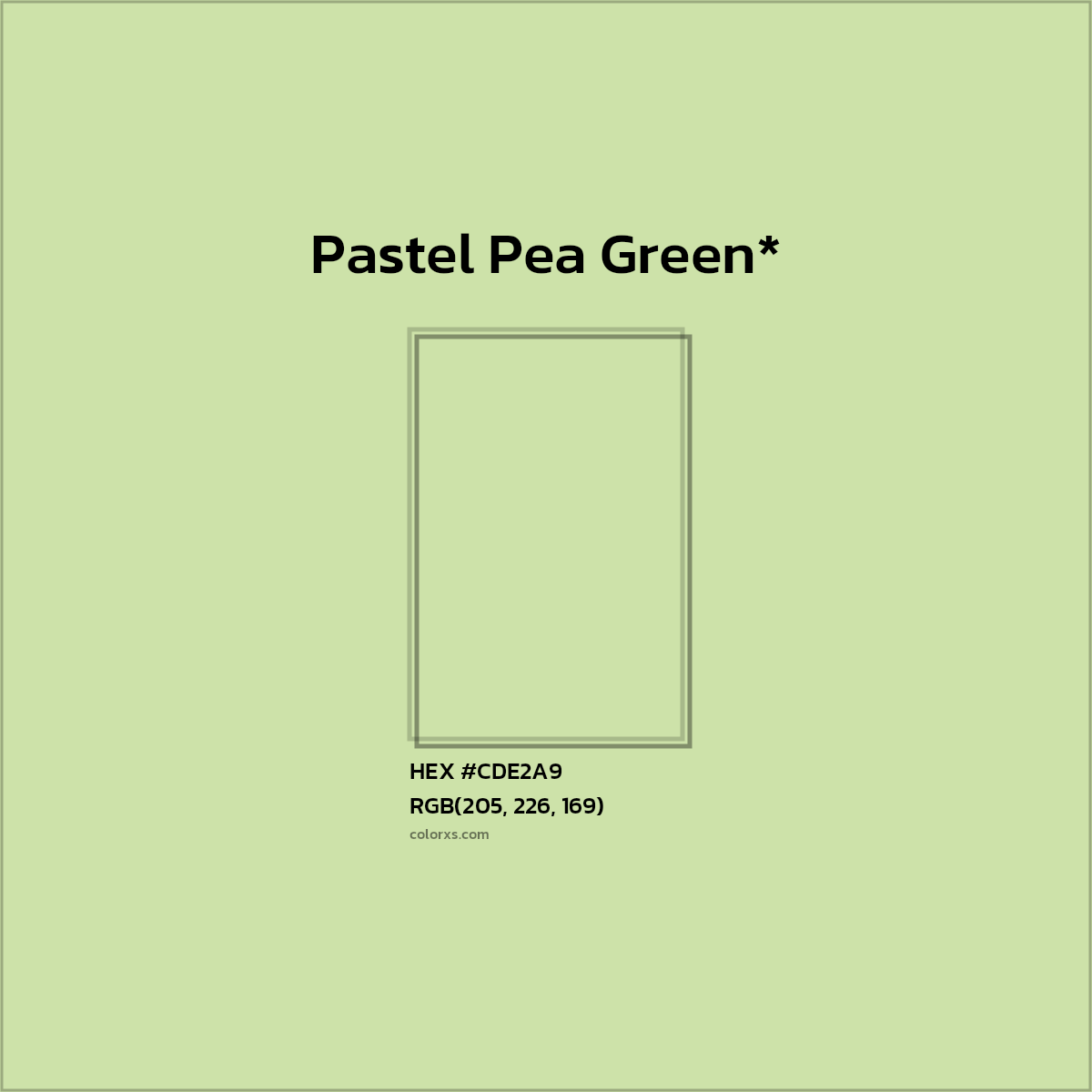 #CDE2A9 hex color. RGB, RYB, CMYK, HSL, HSV codes and color conversions. Matching color names, palettes, paints.