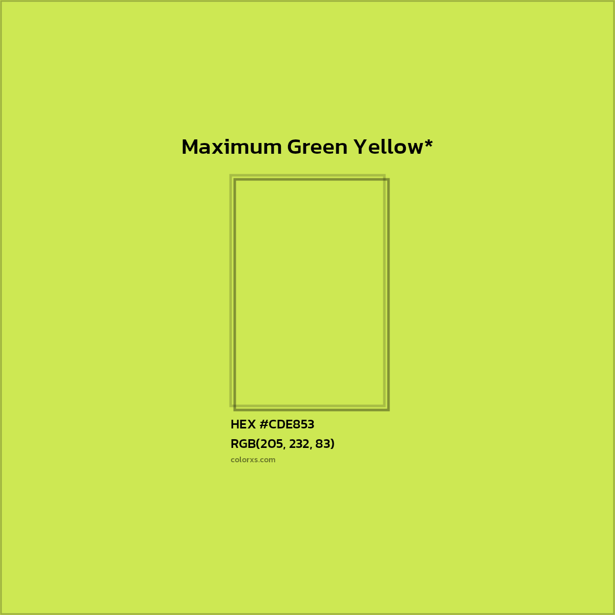 #CDE853 hex color. RGB, RYB, CMYK, HSL, HSV codes and color conversions. Matching color names, palettes, paints.