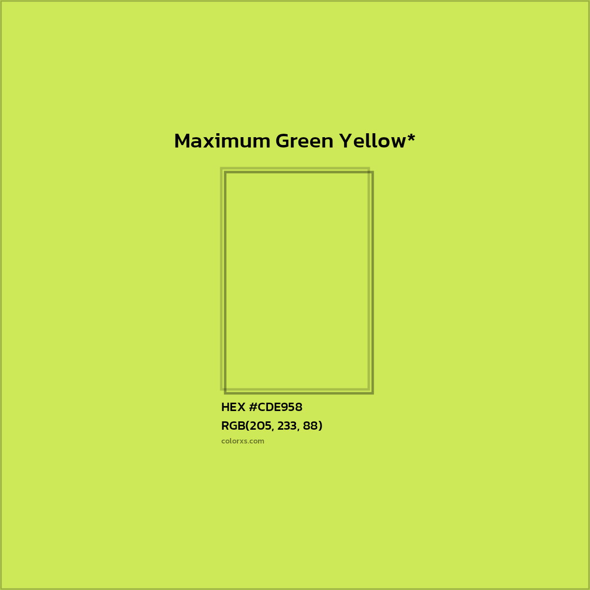 #CDE958 hex color. RGB, RYB, CMYK, HSL, HSV codes and color conversions. Matching color names, palettes, paints.