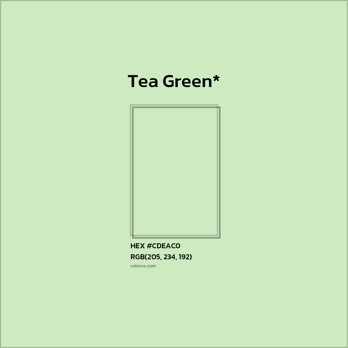#CDEAC0 hex color. RGB, RYB, CMYK, HSL, HSV codes and color conversions. Matching color names, palettes, paints.