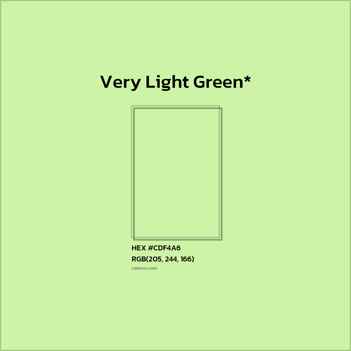 #CDF4A6 hex color. RGB, RYB, CMYK, HSL, HSV codes and color conversions. Matching color names, palettes, paints.