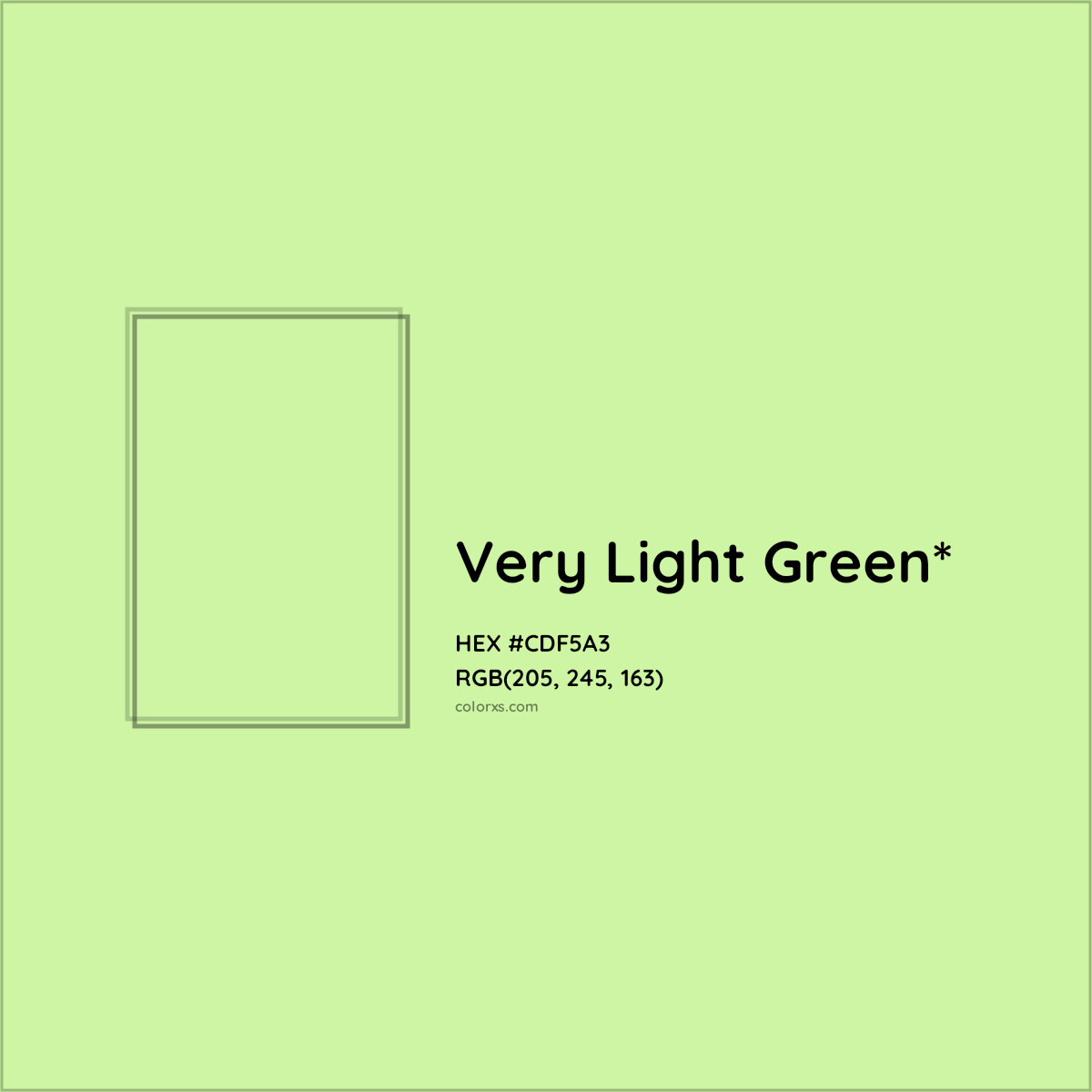 #CDF5A3 hex color. RGB, RYB, CMYK, HSL, HSV codes and color conversions. Matching color names, palettes, paints.