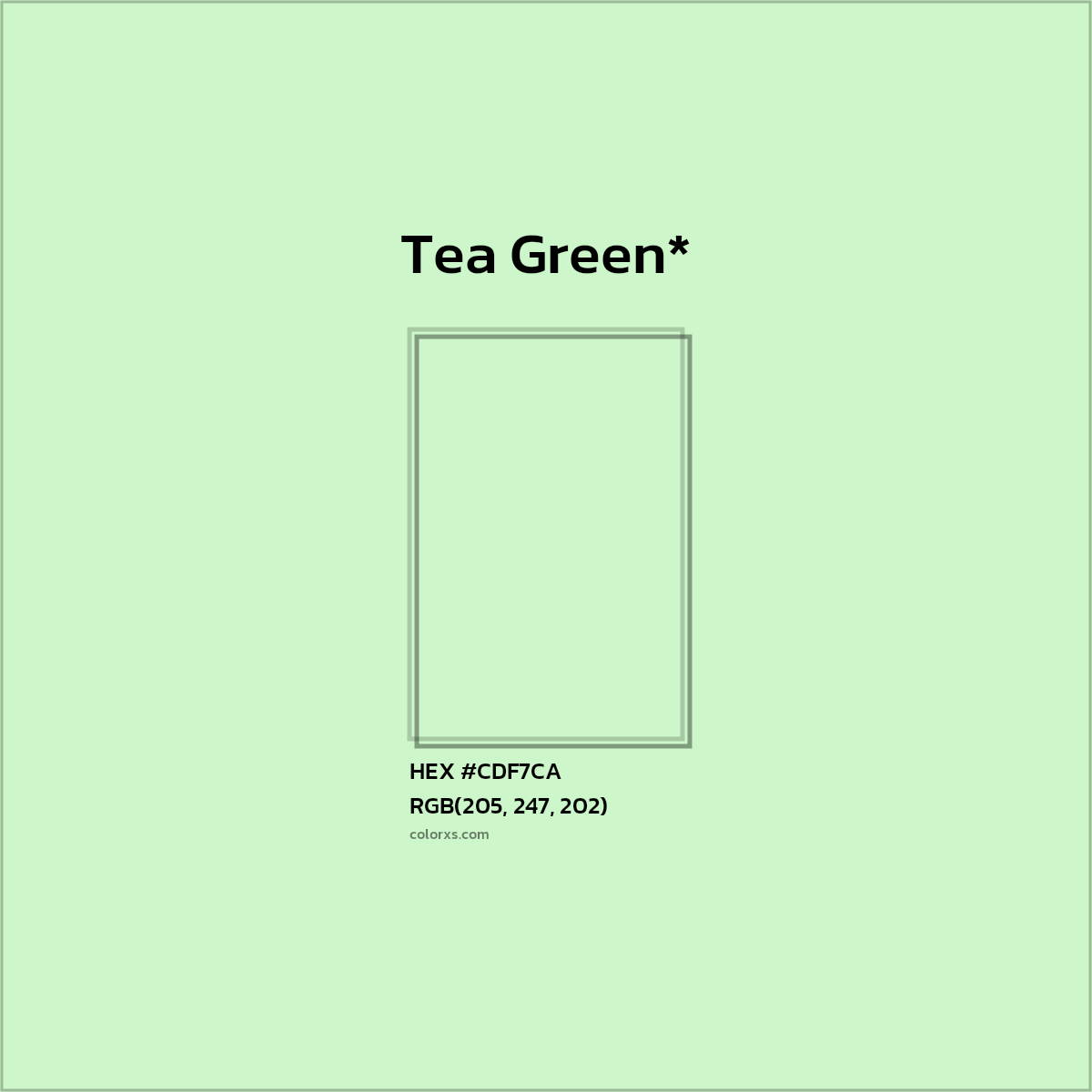 #CDF7CA hex color. RGB, RYB, CMYK, HSL, HSV codes and color conversions. Matching color names, palettes, paints.