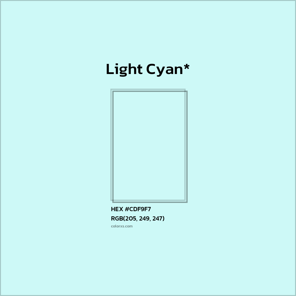 #CDF9F7 hex color. RGB, RYB, CMYK, HSL, HSV codes and color conversions. Matching color names, palettes, paints.