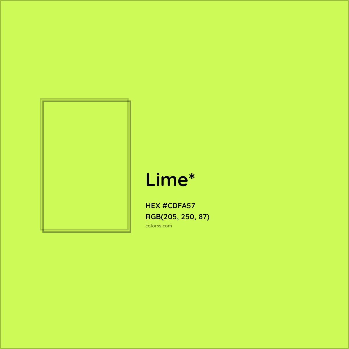 #CDFA57 hex color. RGB, RYB, CMYK, HSL, HSV codes and color conversions. Matching color names, palettes, paints.
