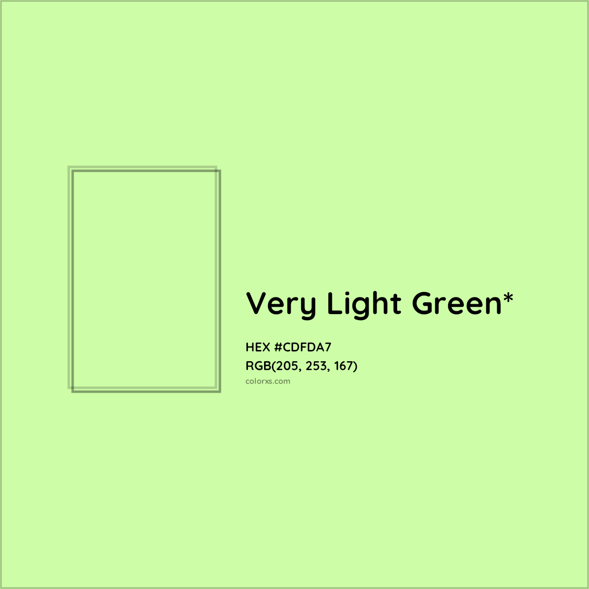 #CDFDA7 hex color. RGB, RYB, CMYK, HSL, HSV codes and color conversions. Matching color names, palettes, paints.
