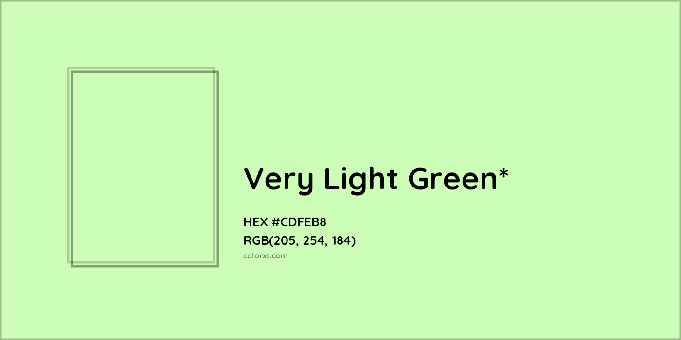 #CDFEB8 hex color. RGB, RYB, CMYK, HSL, HSV codes and color conversions. Matching color names, palettes, paints.