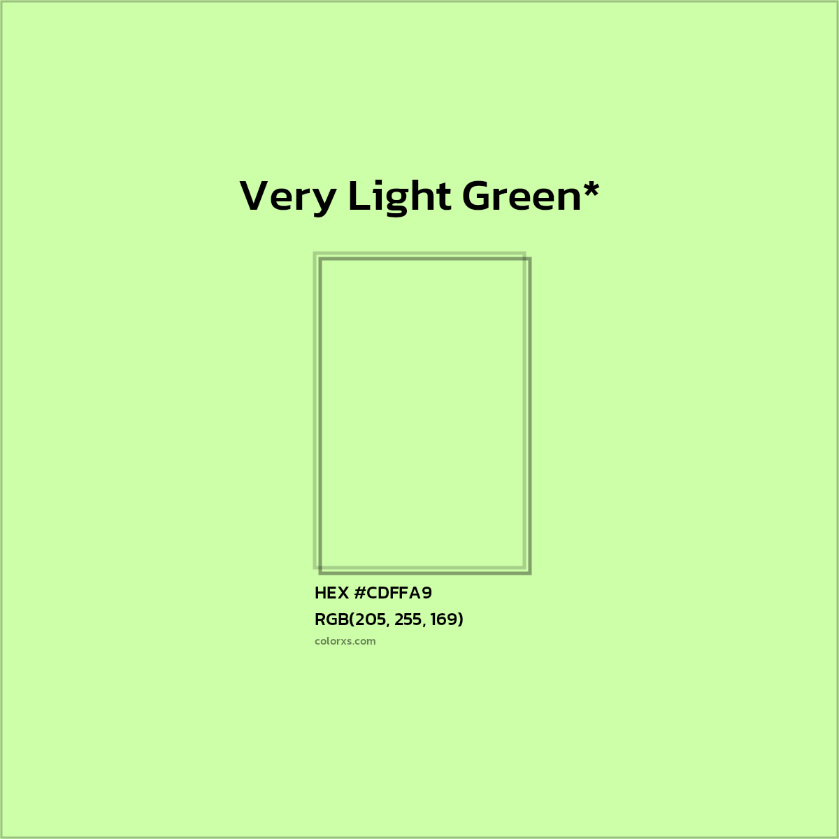 #CDFFA9 hex color. RGB, RYB, CMYK, HSL, HSV codes and color conversions. Matching color names, palettes, paints.