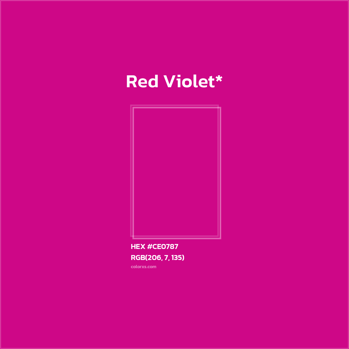 #CE0787 hex color. RGB, RYB, CMYK, HSL, HSV codes and color conversions. Matching color names, palettes, paints.