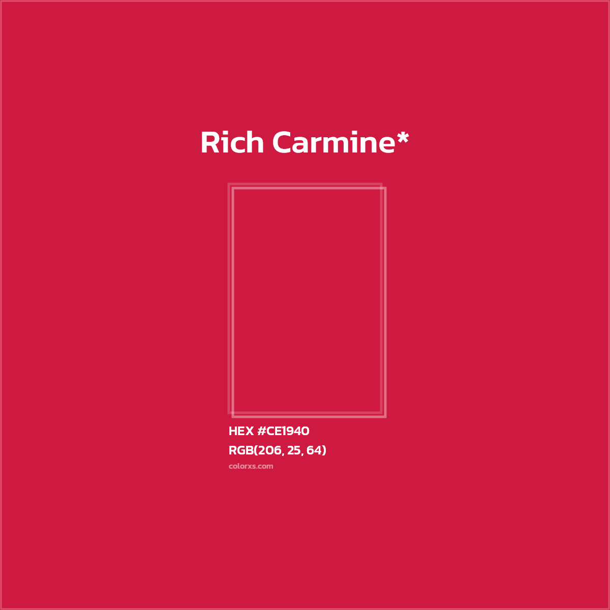 #CE1940 hex color. RGB, RYB, CMYK, HSL, HSV codes and color conversions. Matching color names, palettes, paints.