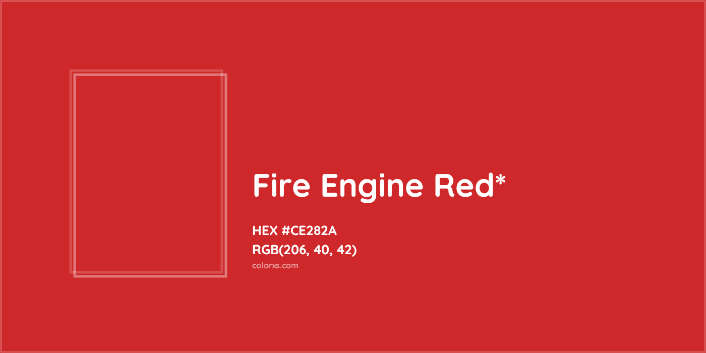 #CE282A hex color. RGB, RYB, CMYK, HSL, HSV codes and color conversions. Matching color names, palettes, paints.