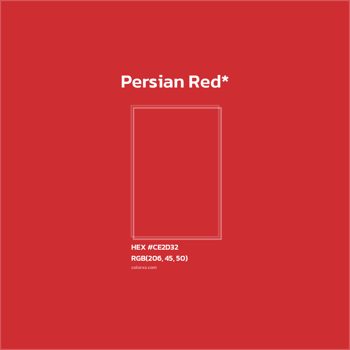 #CE2D32 hex color. RGB, RYB, CMYK, HSL, HSV codes and color conversions. Matching color names, palettes, paints.