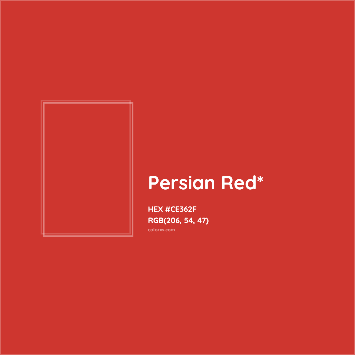 #CE362F hex color. RGB, RYB, CMYK, HSL, HSV codes and color conversions. Matching color names, palettes, paints.