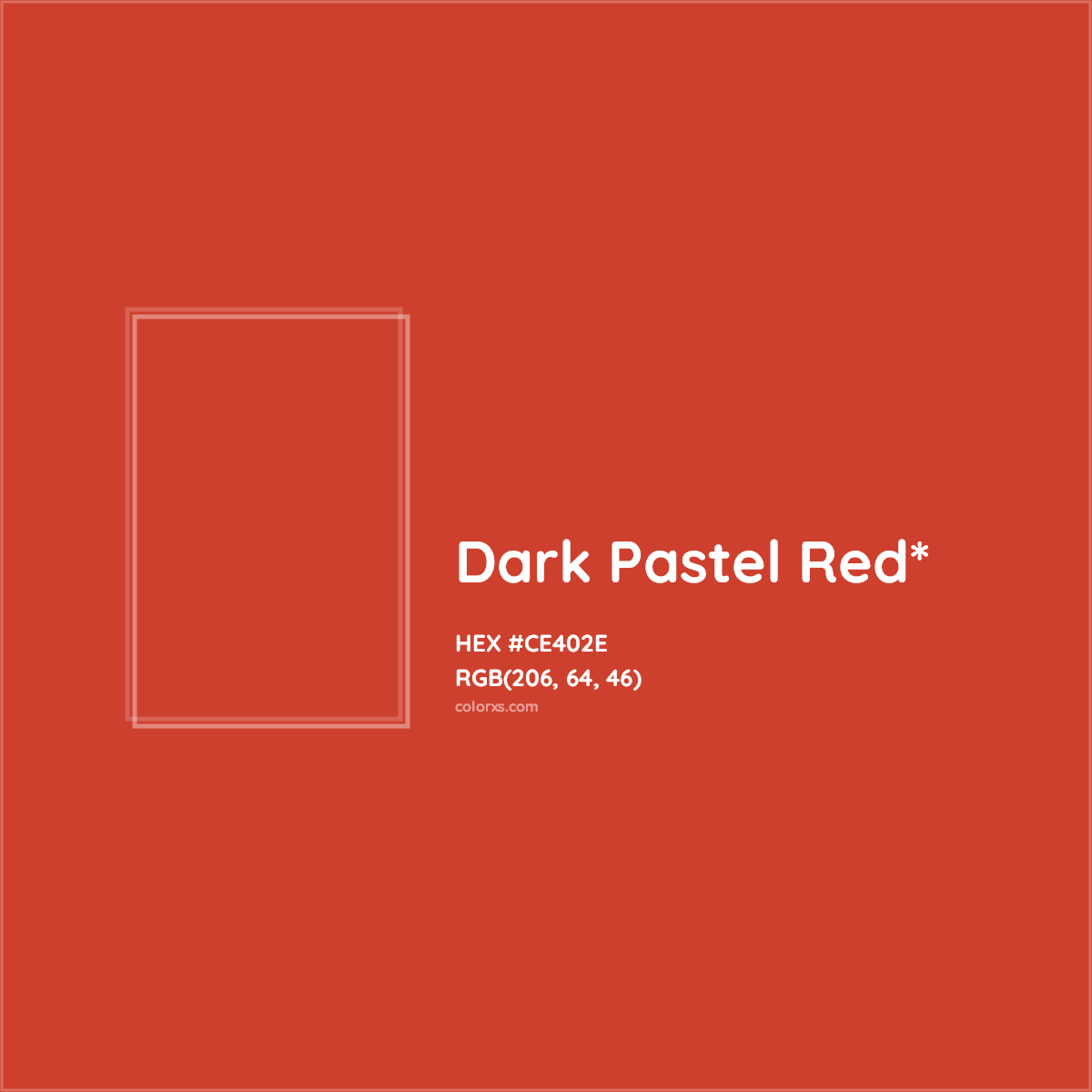 #CE402E hex color. RGB, RYB, CMYK, HSL, HSV codes and color conversions. Matching color names, palettes, paints.