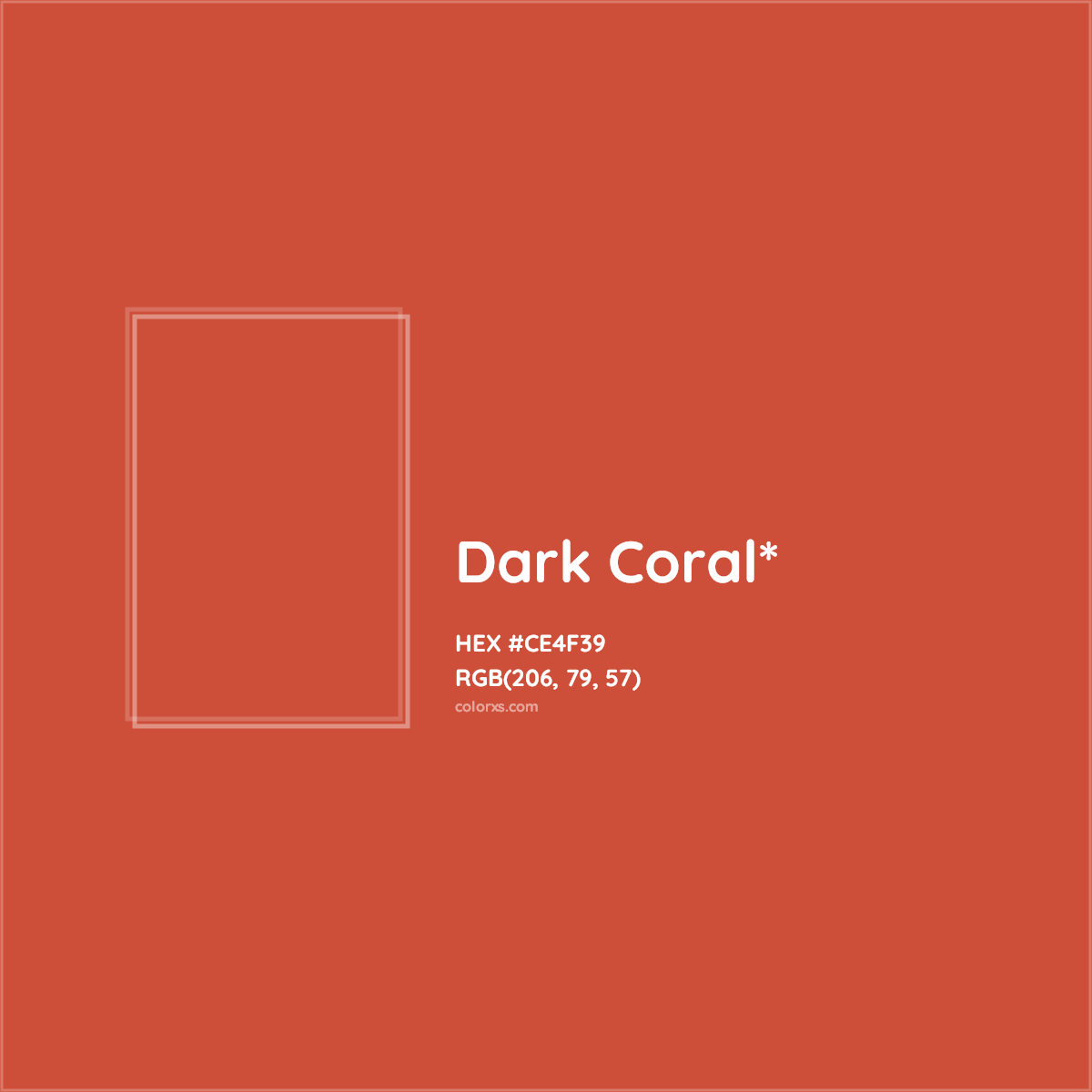 #CE4F39 hex color. RGB, RYB, CMYK, HSL, HSV codes and color conversions. Matching color names, palettes, paints.