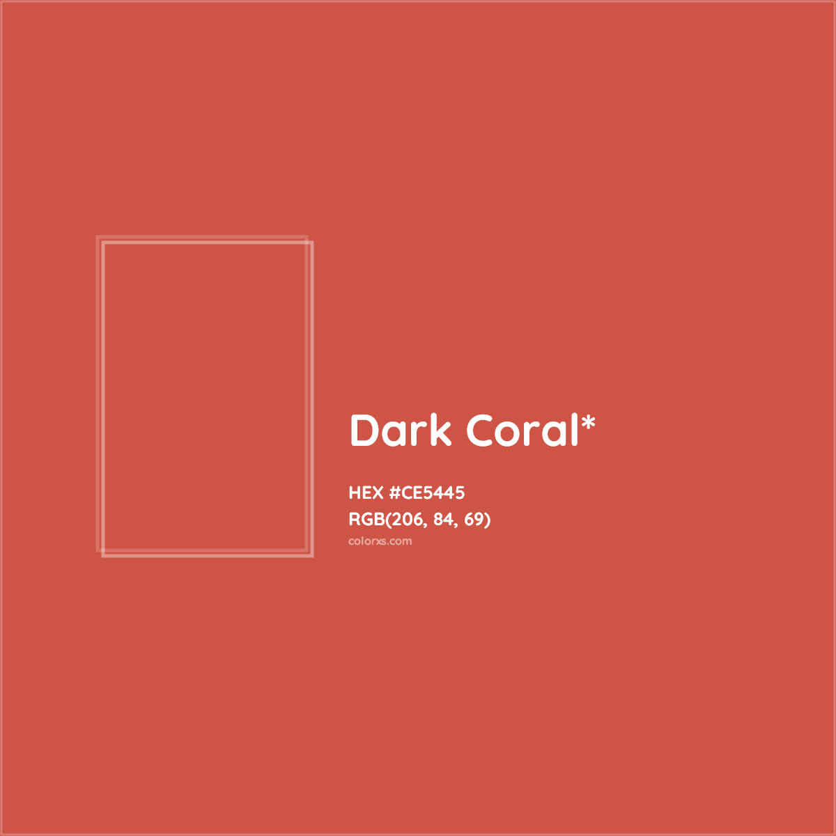 #CE5445 hex color. RGB, RYB, CMYK, HSL, HSV codes and color conversions. Matching color names, palettes, paints.