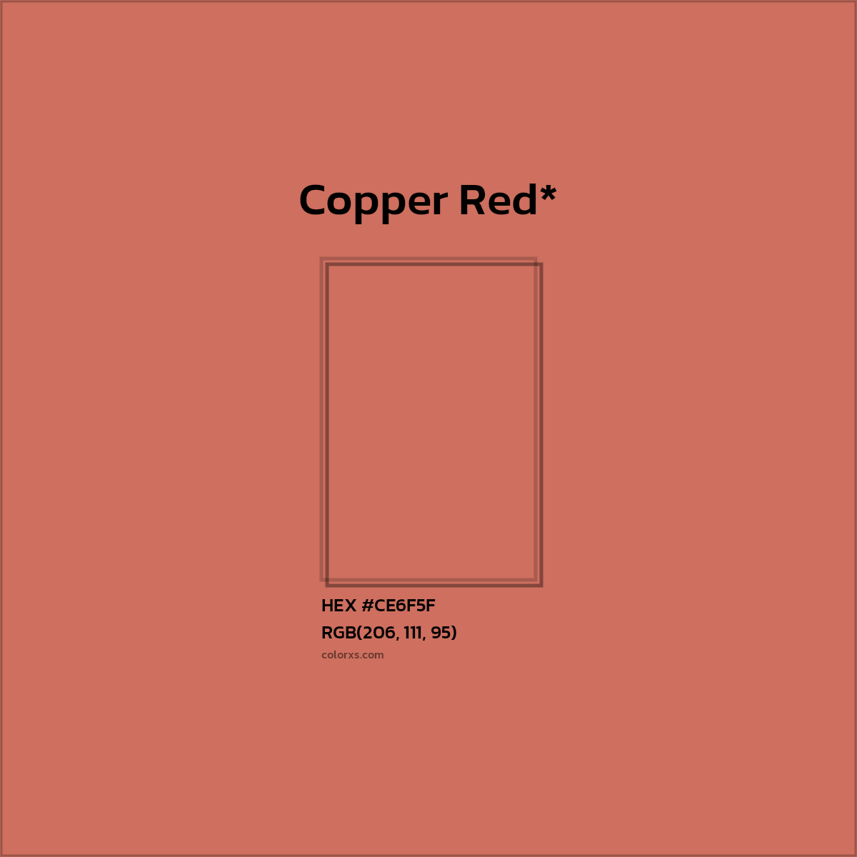 #CE6F5F hex color. RGB, RYB, CMYK, HSL, HSV codes and color conversions. Matching color names, palettes, paints.
