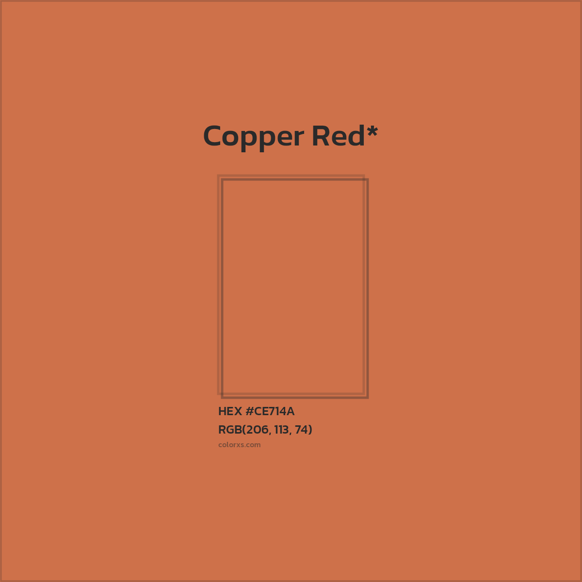 #CE714A hex color. RGB, RYB, CMYK, HSL, HSV codes and color conversions. Matching color names, palettes, paints.
