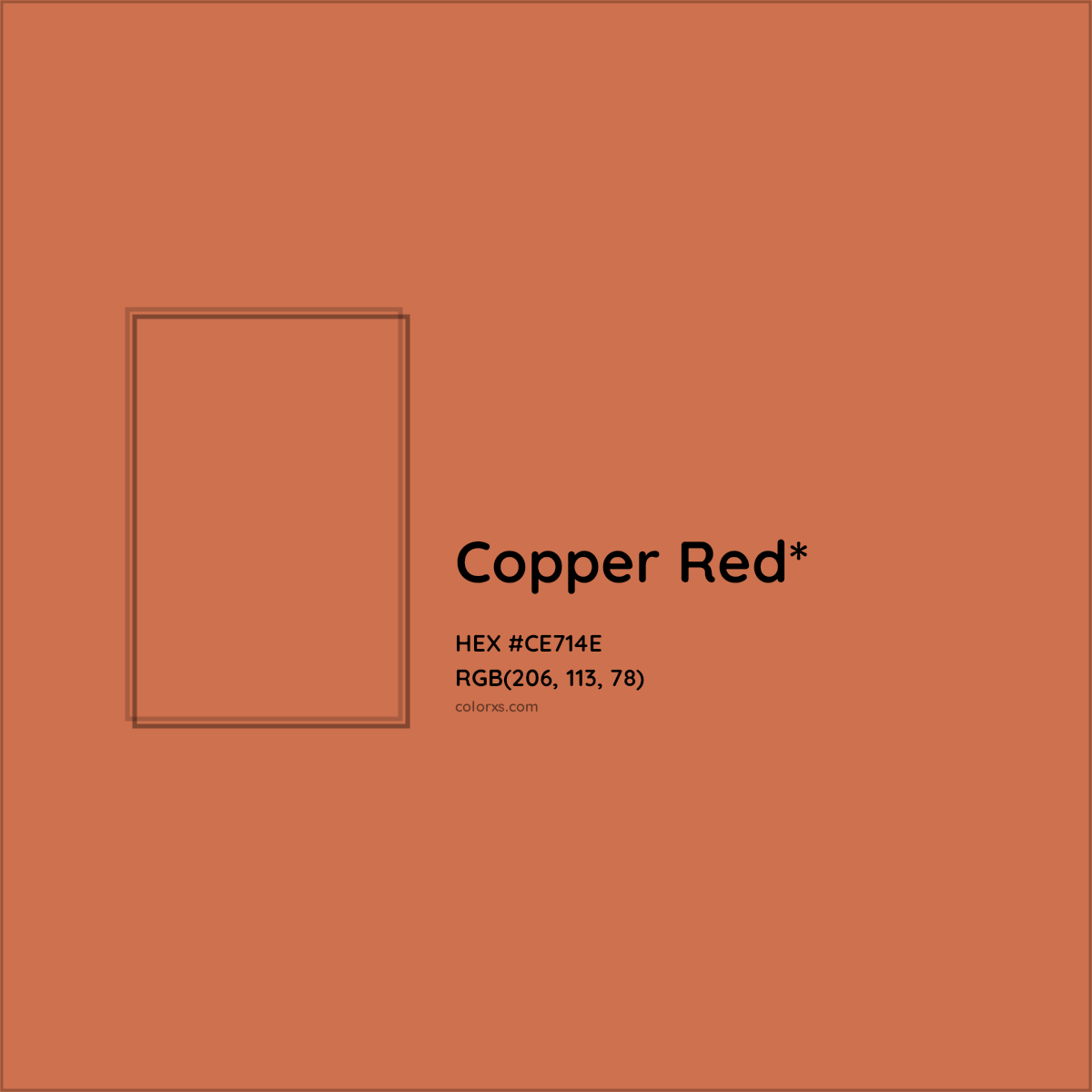 #CE714E hex color. RGB, RYB, CMYK, HSL, HSV codes and color conversions. Matching color names, palettes, paints.