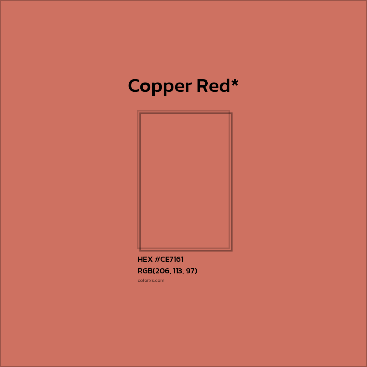 #CE7161 hex color. RGB, RYB, CMYK, HSL, HSV codes and color conversions. Matching color names, palettes, paints.