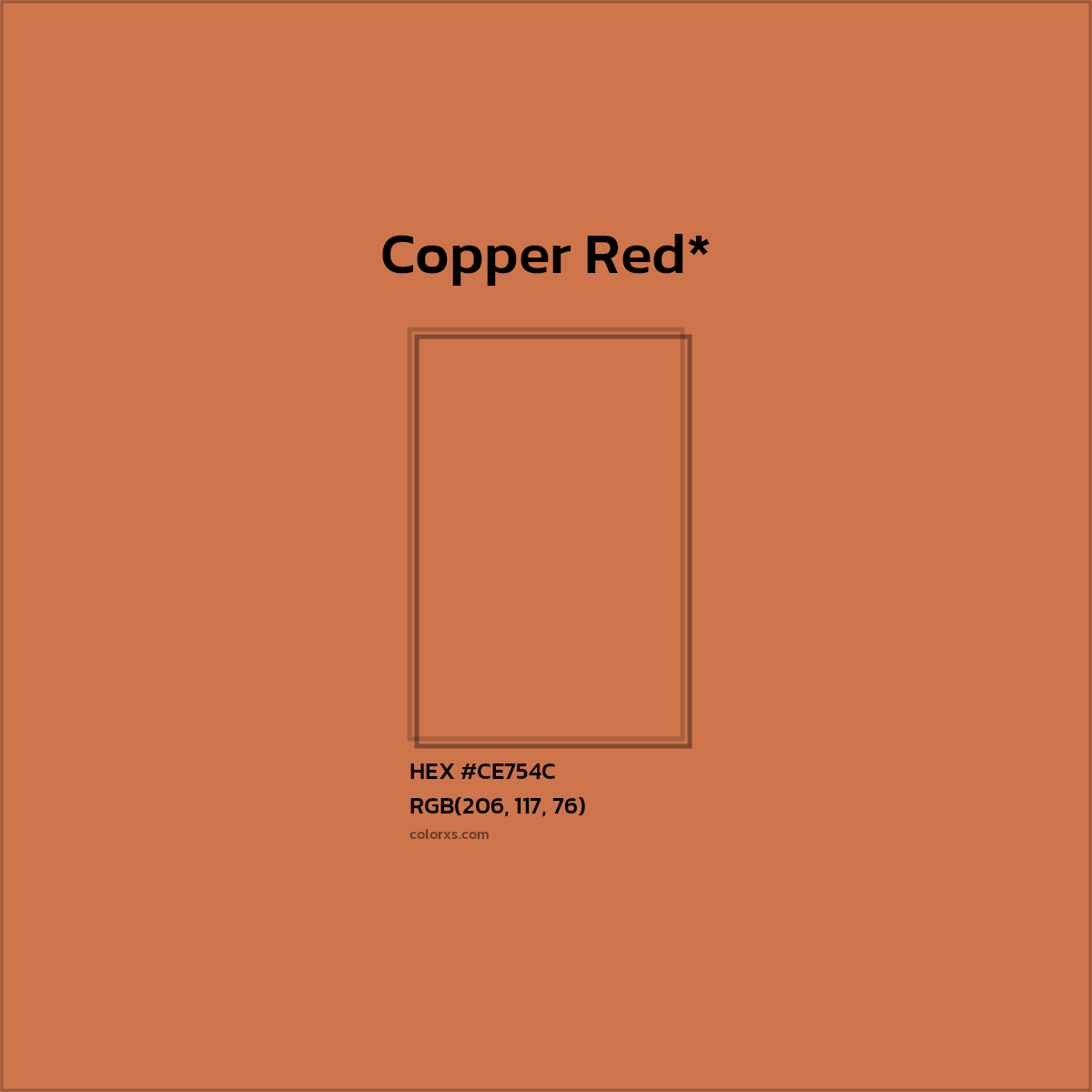 #CE754C hex color. RGB, RYB, CMYK, HSL, HSV codes and color conversions. Matching color names, palettes, paints.