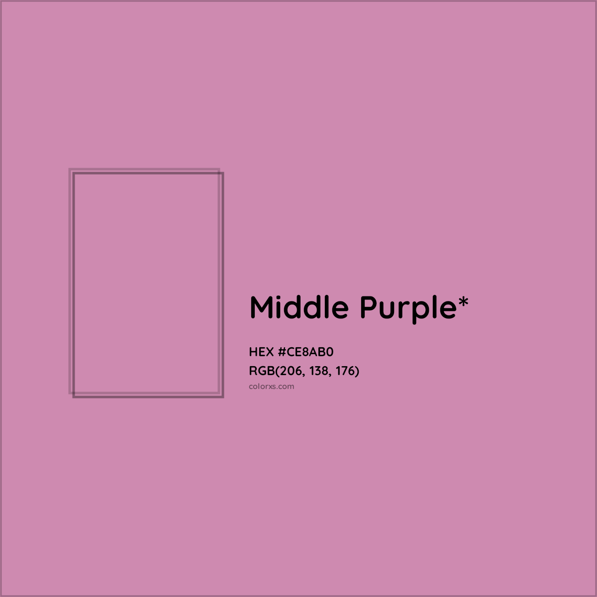 #CE8AB0 hex color. RGB, RYB, CMYK, HSL, HSV codes and color conversions. Matching color names, palettes, paints.
