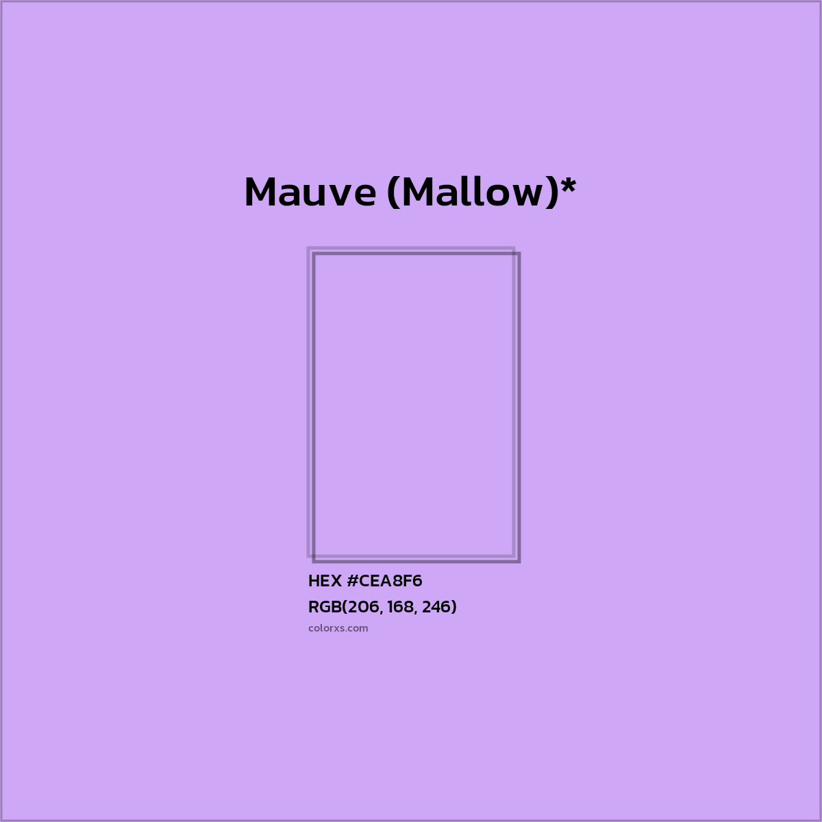 #CEA8F6 hex color. RGB, RYB, CMYK, HSL, HSV codes and color conversions. Matching color names, palettes, paints.