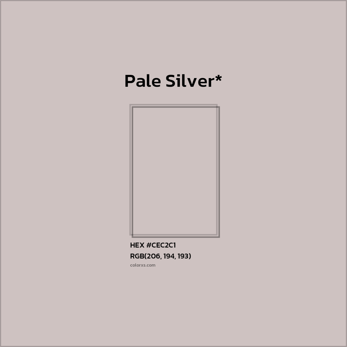 #CEC2C1 hex color. RGB, RYB, CMYK, HSL, HSV codes and color conversions. Matching color names, palettes, paints.