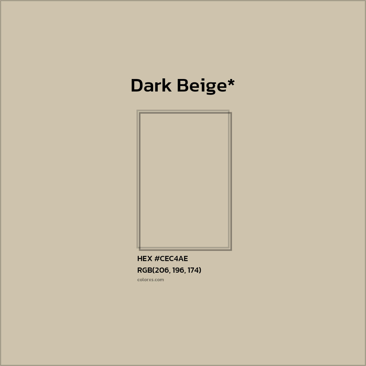#CEC4AE hex color. RGB, RYB, CMYK, HSL, HSV codes and color conversions. Matching color names, palettes, paints.