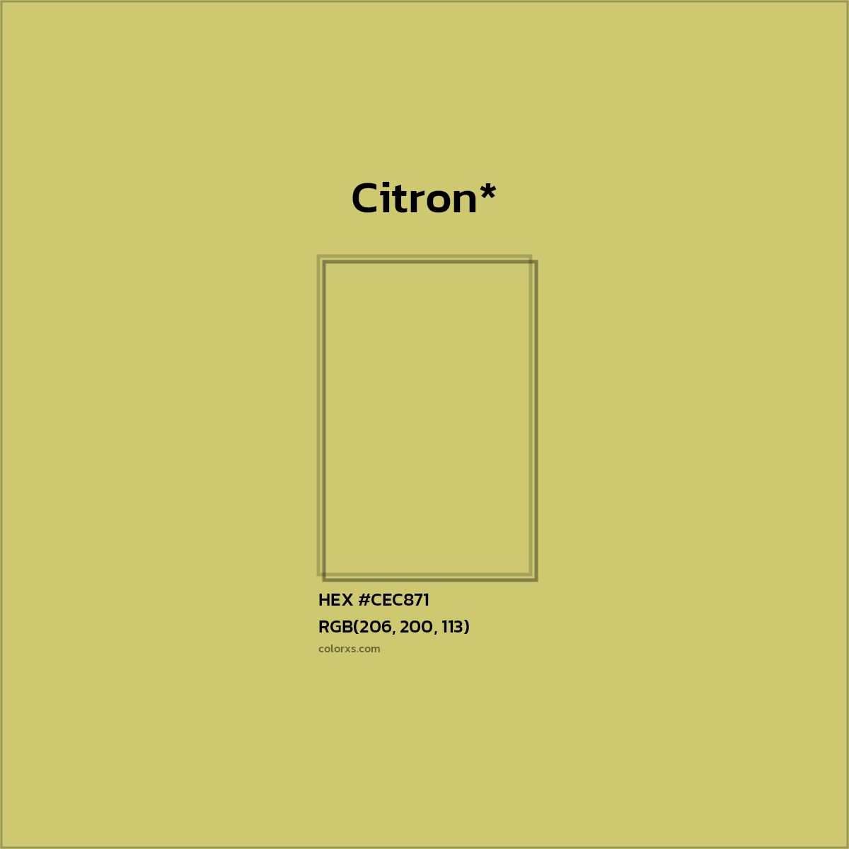 #CEC871 hex color. RGB, RYB, CMYK, HSL, HSV codes and color conversions. Matching color names, palettes, paints.