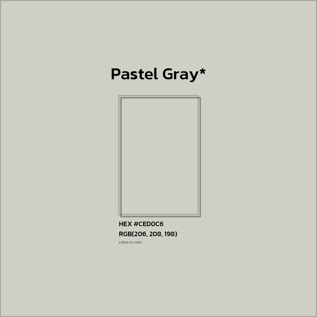 #CED0C6 hex color. RGB, RYB, CMYK, HSL, HSV codes and color conversions. Matching color names, palettes, paints.