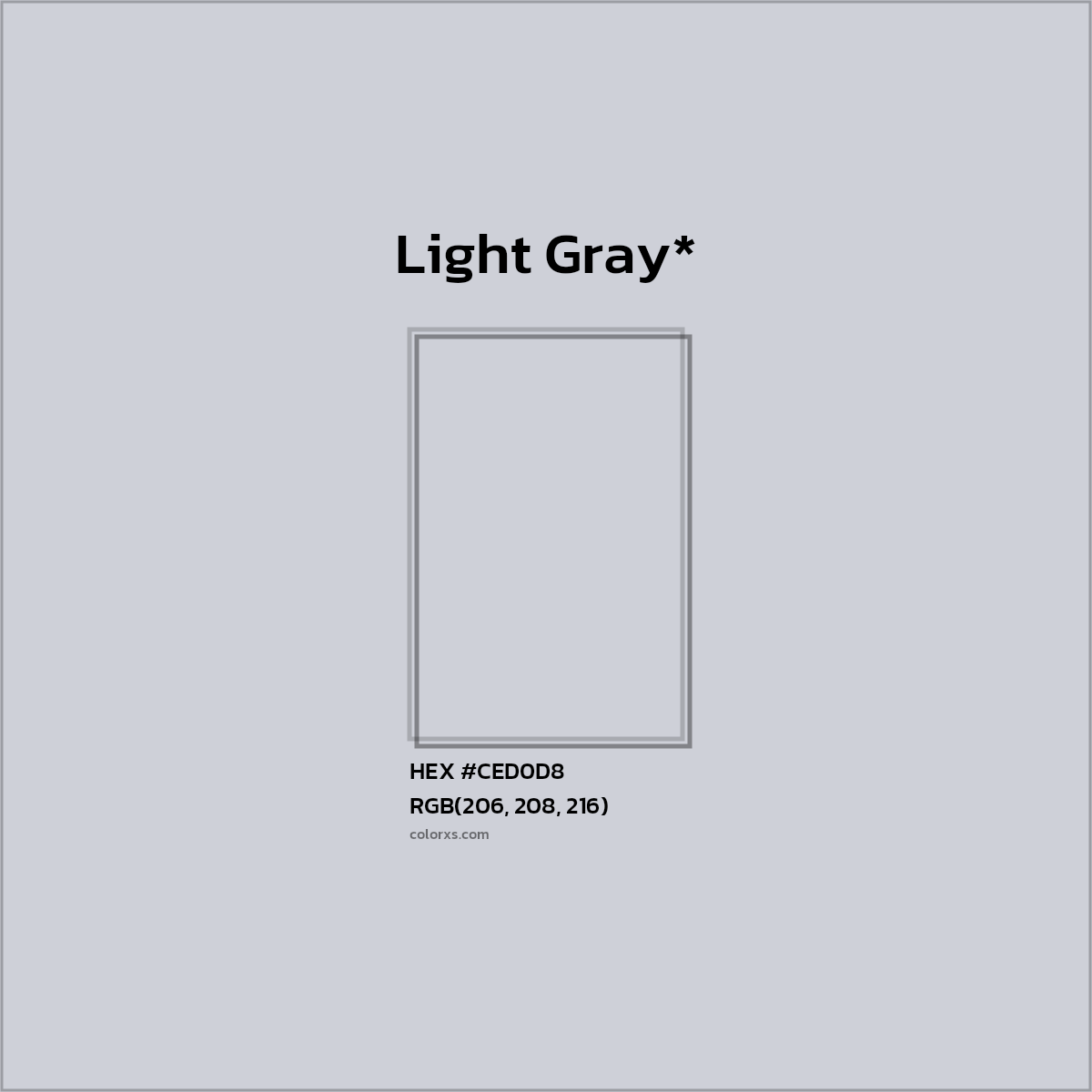 #CED0D8 hex color. RGB, RYB, CMYK, HSL, HSV codes and color conversions. Matching color names, palettes, paints.