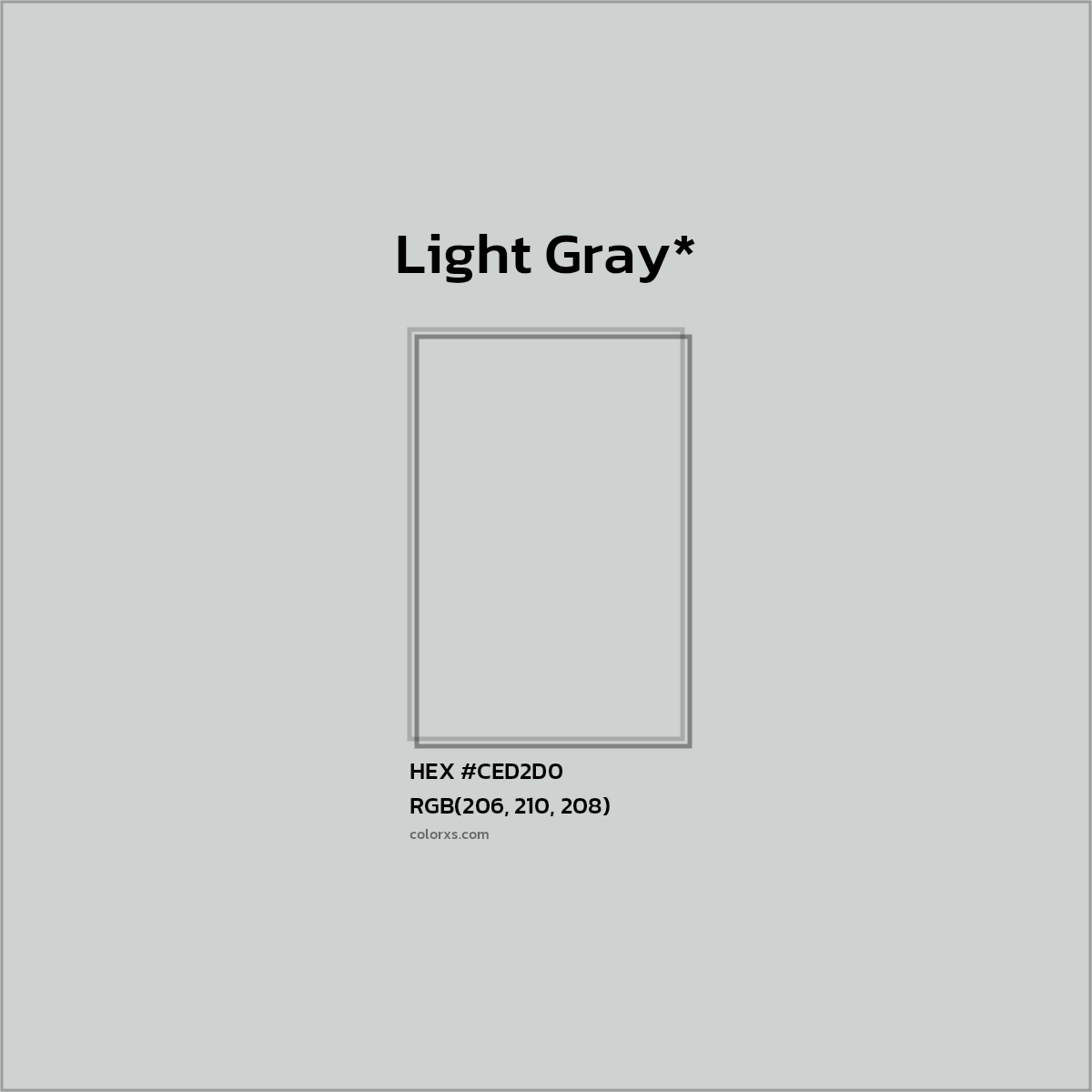 #CED2D0 hex color. RGB, RYB, CMYK, HSL, HSV codes and color conversions. Matching color names, palettes, paints.