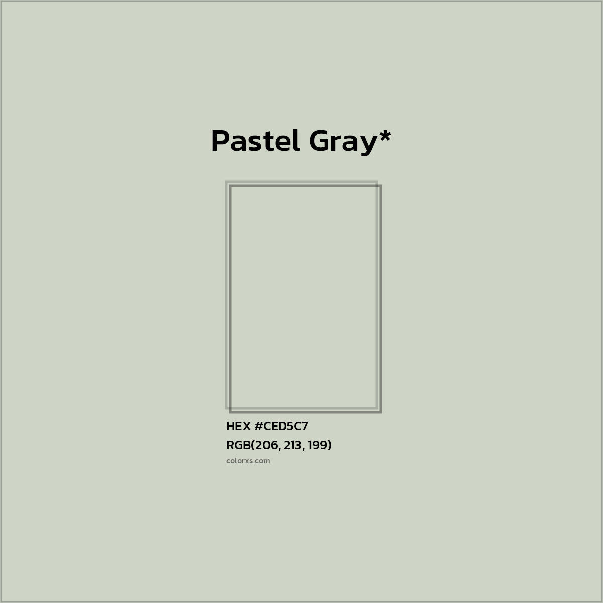 #CED5C7 hex color. RGB, RYB, CMYK, HSL, HSV codes and color conversions. Matching color names, palettes, paints.