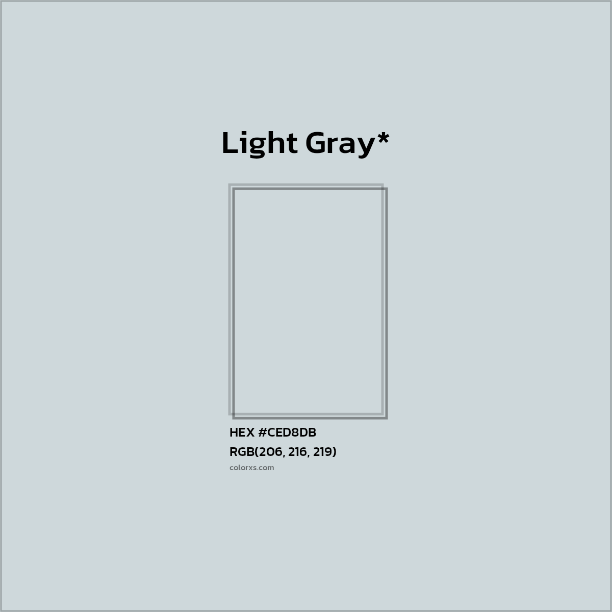 #CED8DB hex color. RGB, RYB, CMYK, HSL, HSV codes and color conversions. Matching color names, palettes, paints.