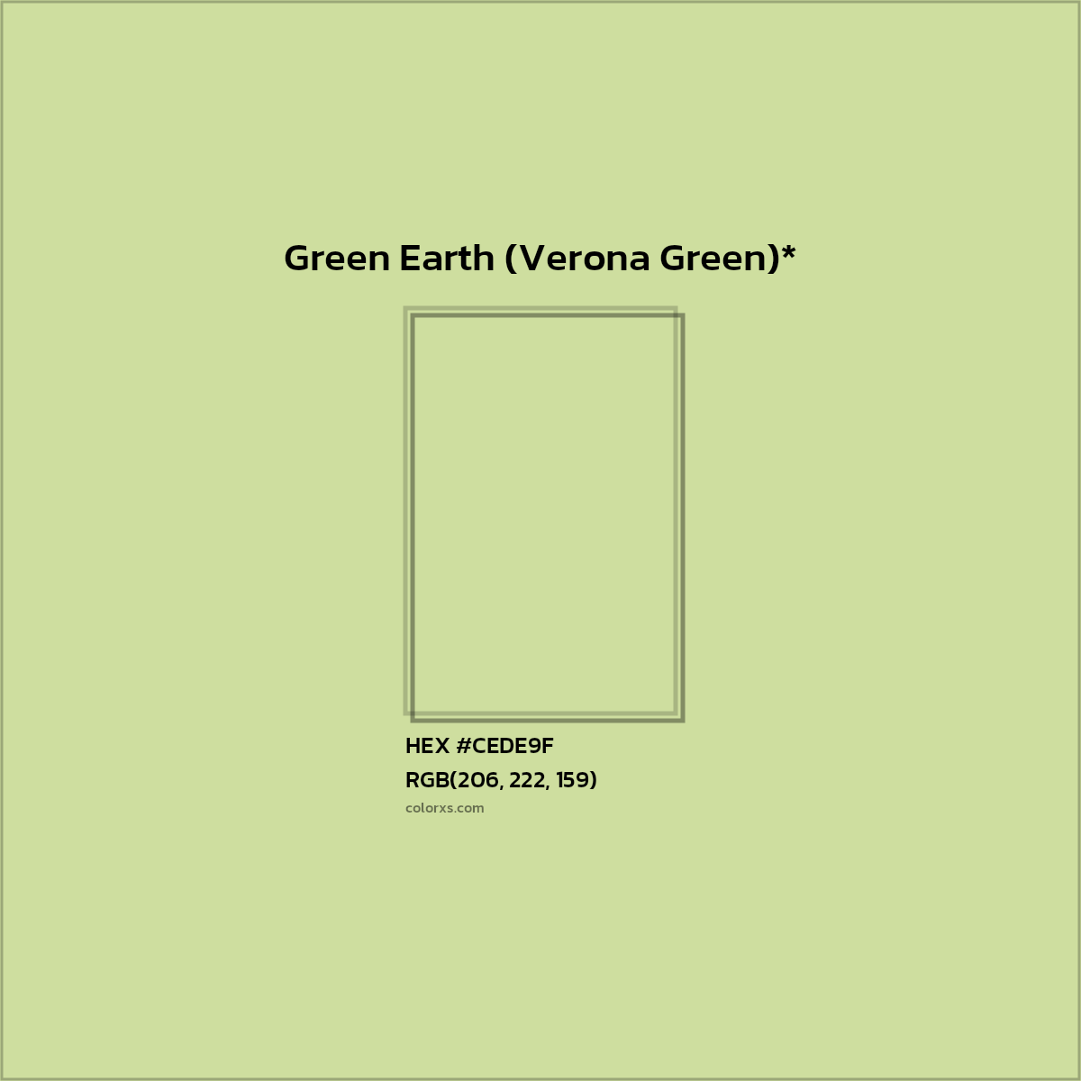 #CEDE9F hex color. RGB, RYB, CMYK, HSL, HSV codes and color conversions. Matching color names, palettes, paints.