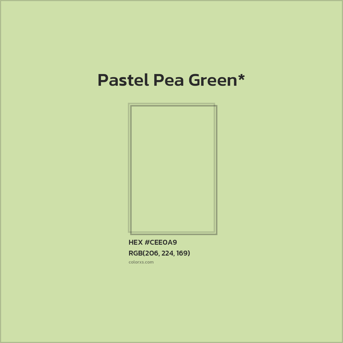 #CEE0A9 hex color. RGB, RYB, CMYK, HSL, HSV codes and color conversions. Matching color names, palettes, paints.