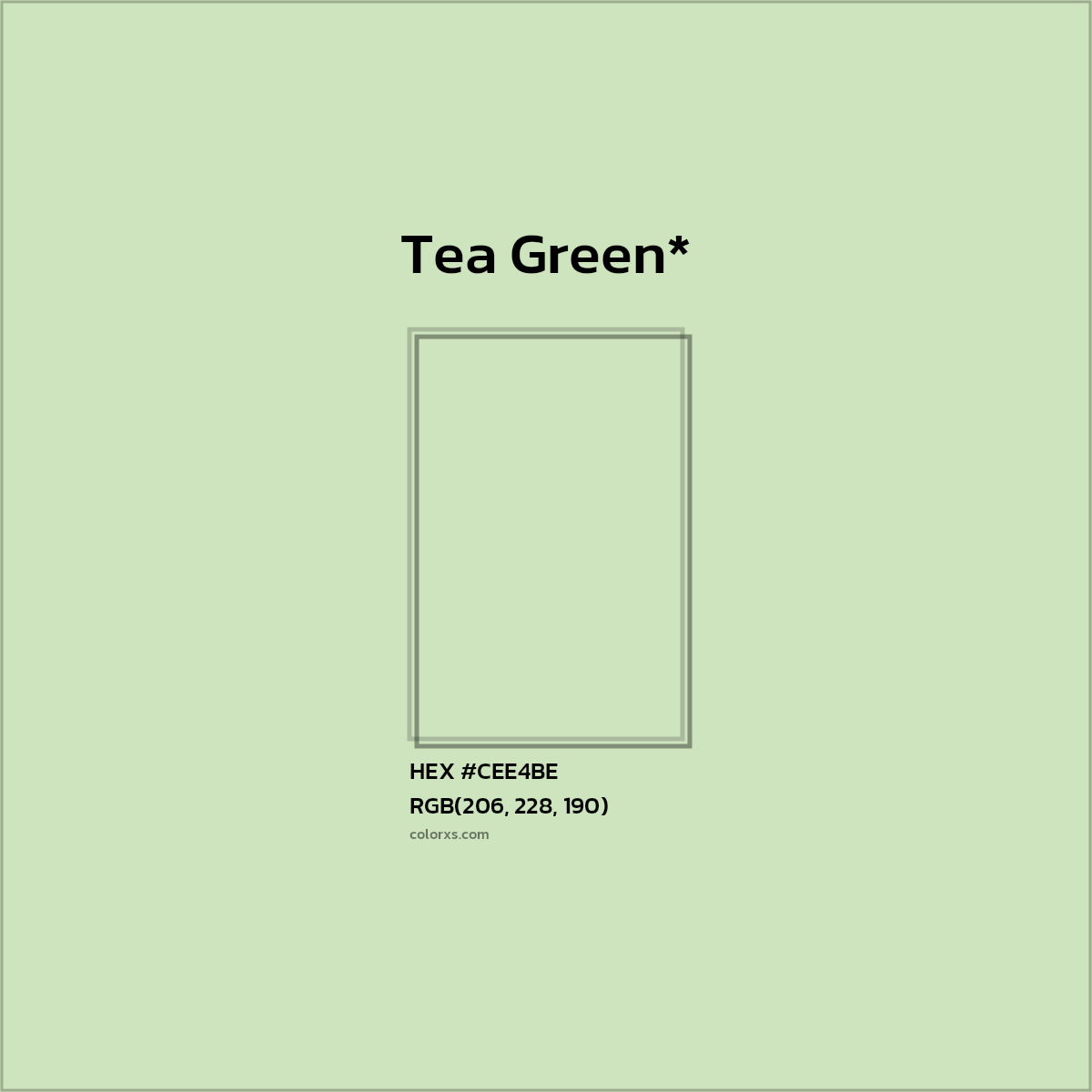 #CEE4BE hex color. RGB, RYB, CMYK, HSL, HSV codes and color conversions. Matching color names, palettes, paints.