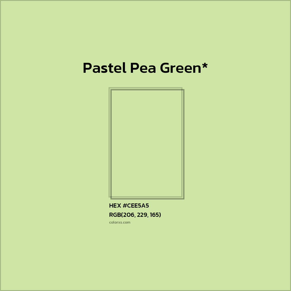 #CEE5A5 hex color. RGB, RYB, CMYK, HSL, HSV codes and color conversions. Matching color names, palettes, paints.
