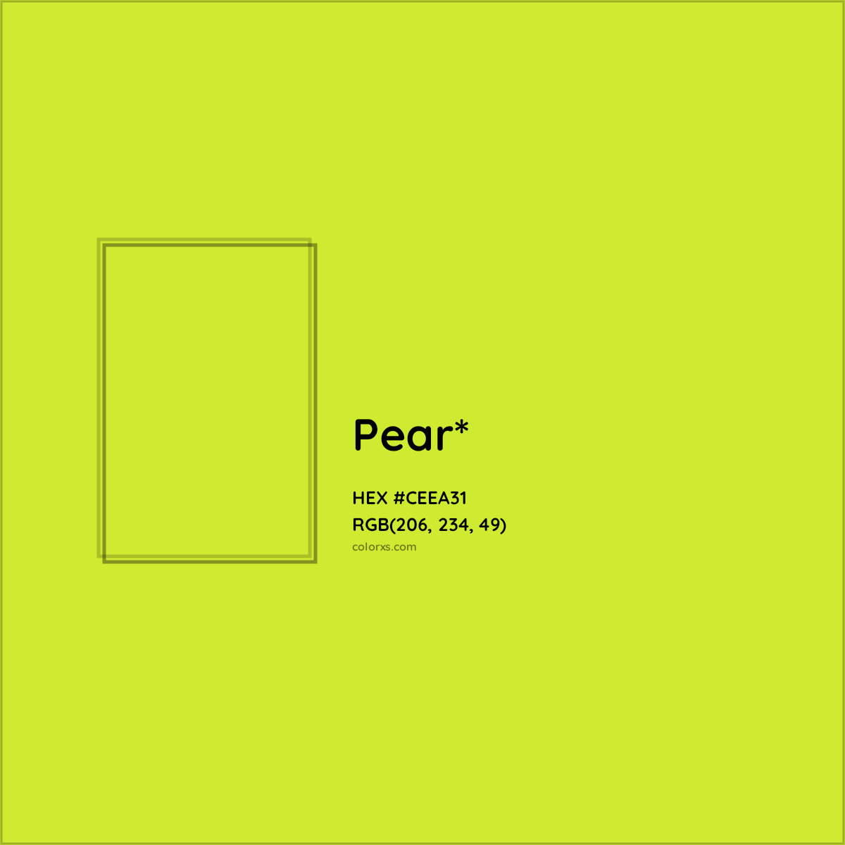 #CEEA31 hex color. RGB, RYB, CMYK, HSL, HSV codes and color conversions. Matching color names, palettes, paints.