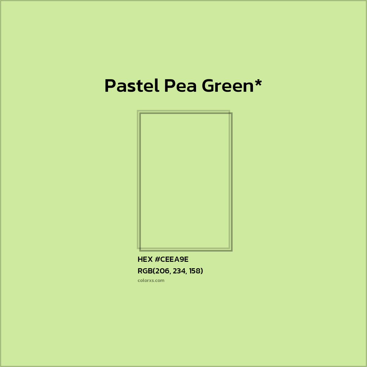#CEEA9E hex color. RGB, RYB, CMYK, HSL, HSV codes and color conversions. Matching color names, palettes, paints.