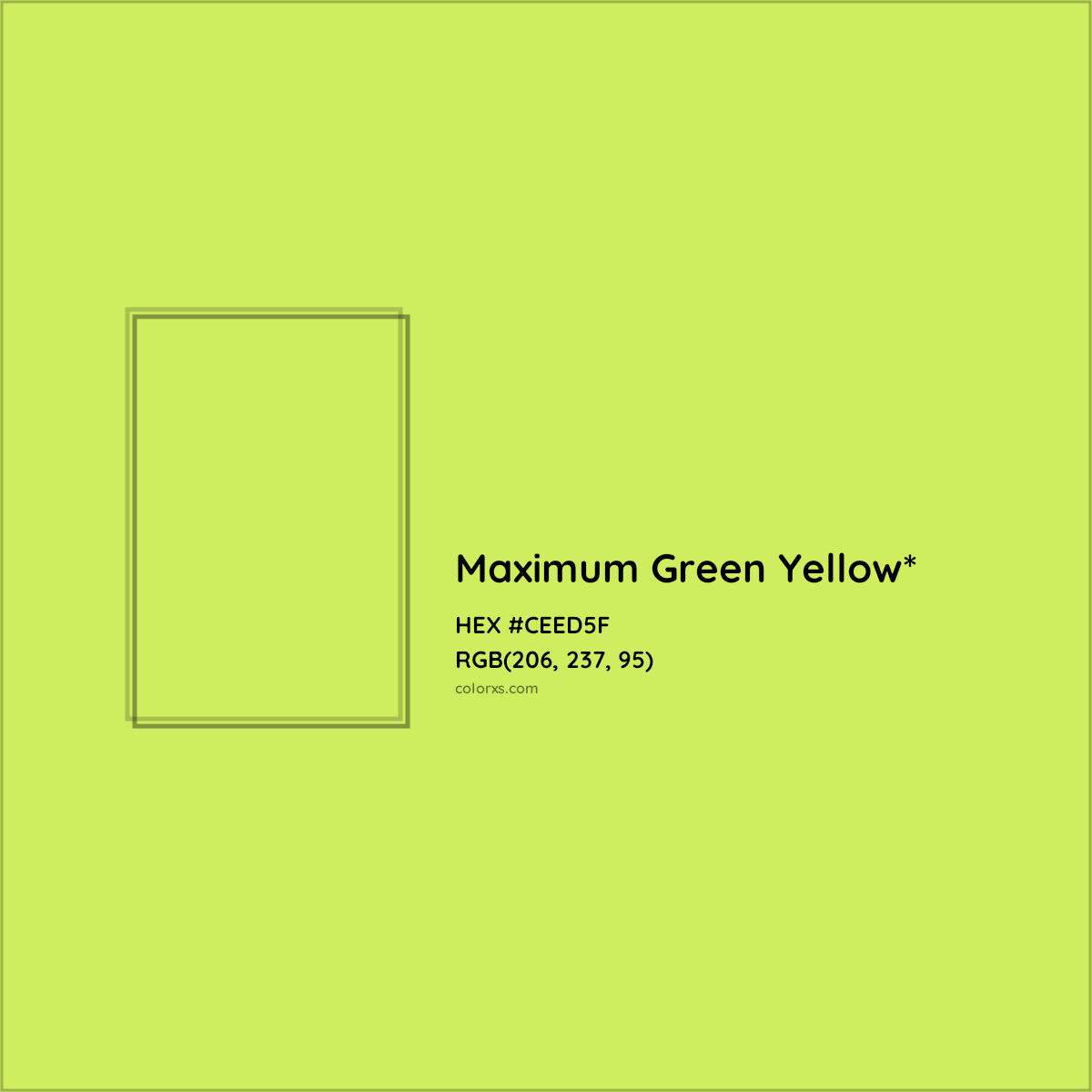 #CEED5F hex color. RGB, RYB, CMYK, HSL, HSV codes and color conversions. Matching color names, palettes, paints.
