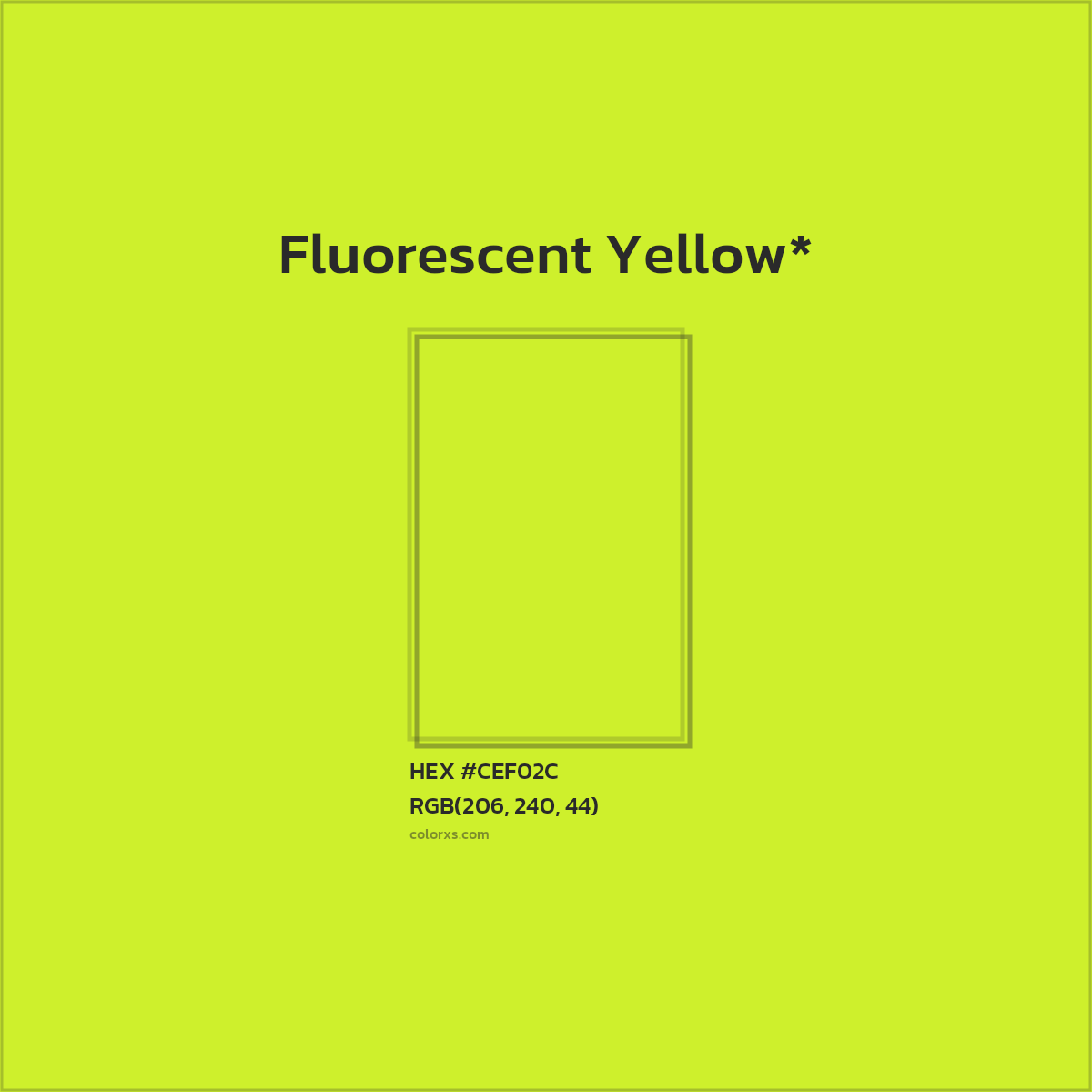 #CEF02C hex color. RGB, RYB, CMYK, HSL, HSV codes and color conversions. Matching color names, palettes, paints.