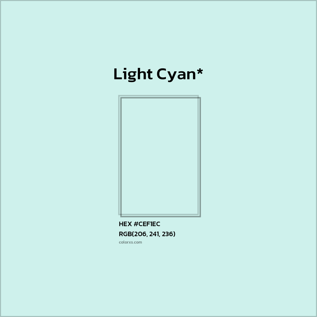 #CEF1EC hex color. RGB, RYB, CMYK, HSL, HSV codes and color conversions. Matching color names, palettes, paints.